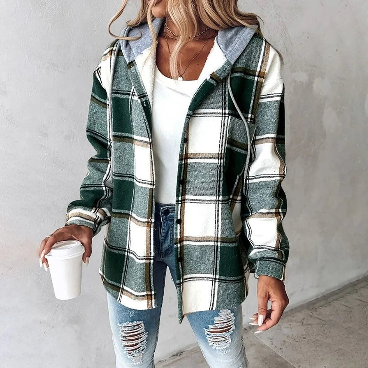 Chaqueta de otoño mujer con capucha y estampado a cuadros – chaqueta casual cálida