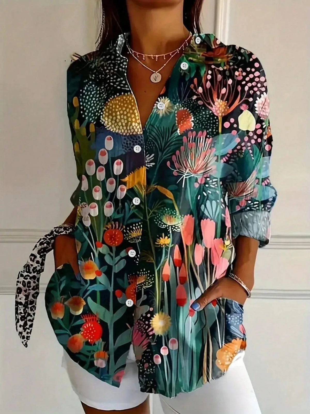 Blusa mujer estampada colorida manga larga – casual ligera verano