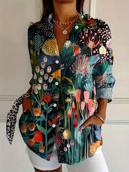 Blusa mujer estampada colorida manga larga – casual ligera verano
