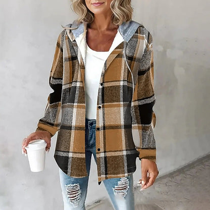 Chaqueta de otoño mujer con capucha y estampado a cuadros – chaqueta casual cálida