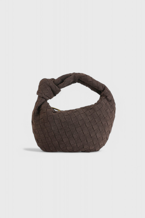 Bolso mini mujer marrón elegante – bolso compacto tejido efecto ante con nudo