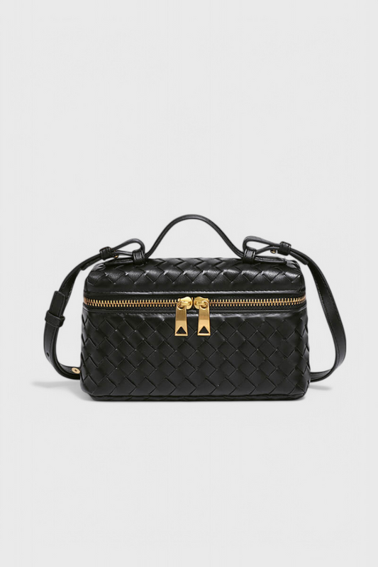 Bolso mini negro mujer elegante – bolso compacto cuero vegano tejido con detalles dorados