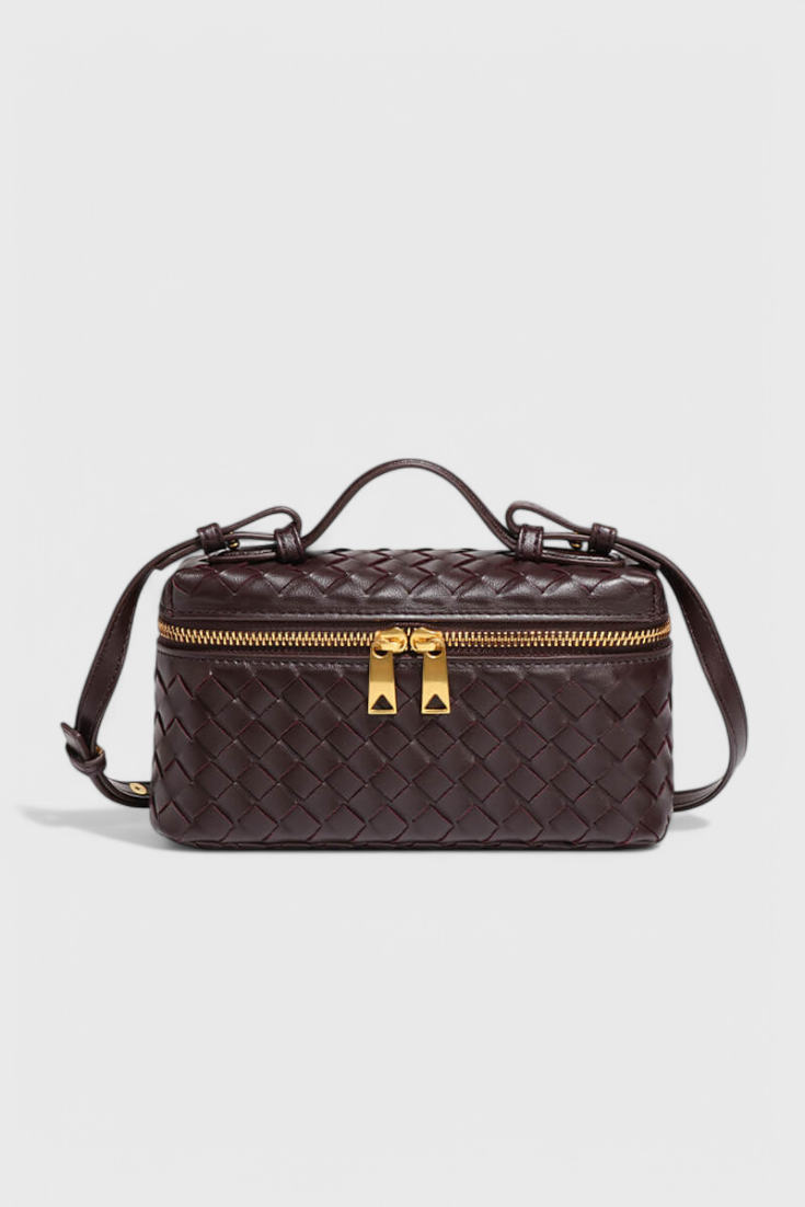 Bolso mini negro mujer elegante – bolso compacto cuero vegano tejido con detalles dorados