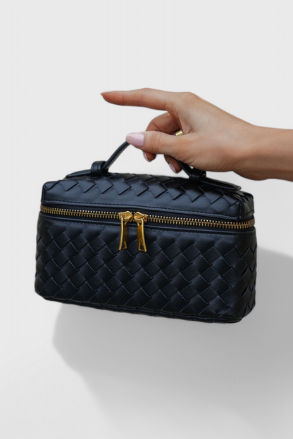 Bolso mini negro mujer elegante – bolso compacto cuero vegano tejido con detalles dorados