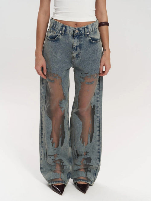 Jeans Talle Alto con Paneles de Malla