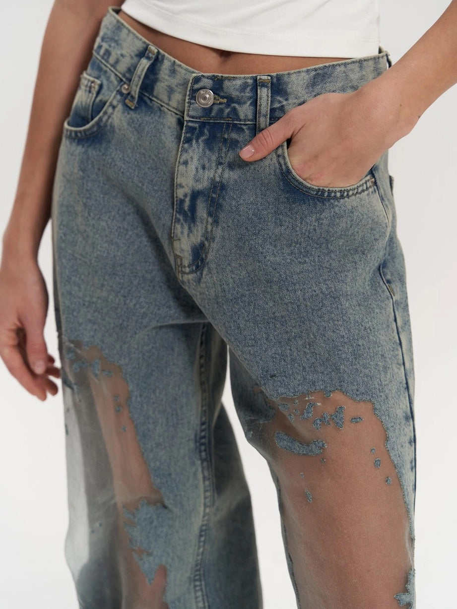 Jeans Talle Alto con Paneles de Malla