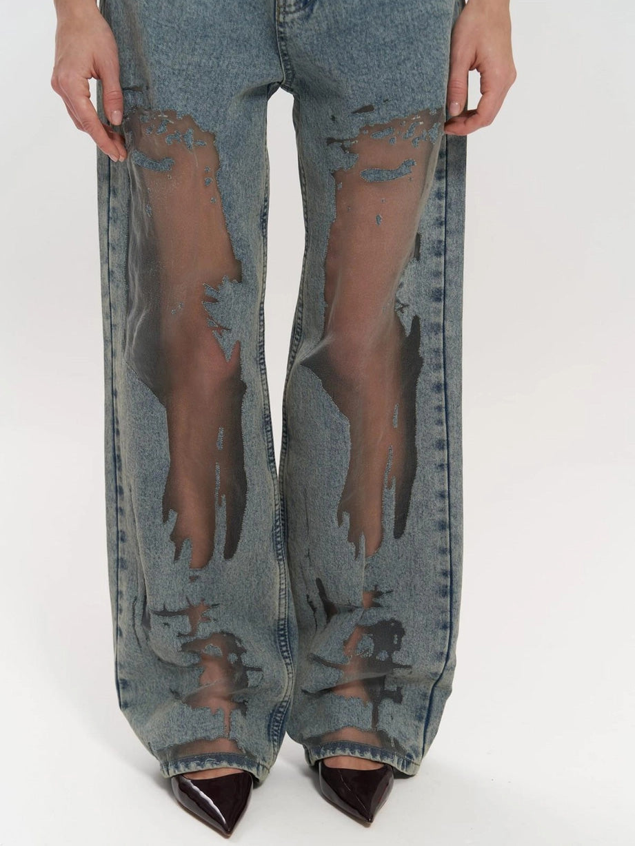 Jeans Talle Alto con Paneles de Malla
