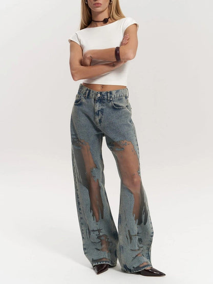 Jeans Talle Alto con Paneles de Malla