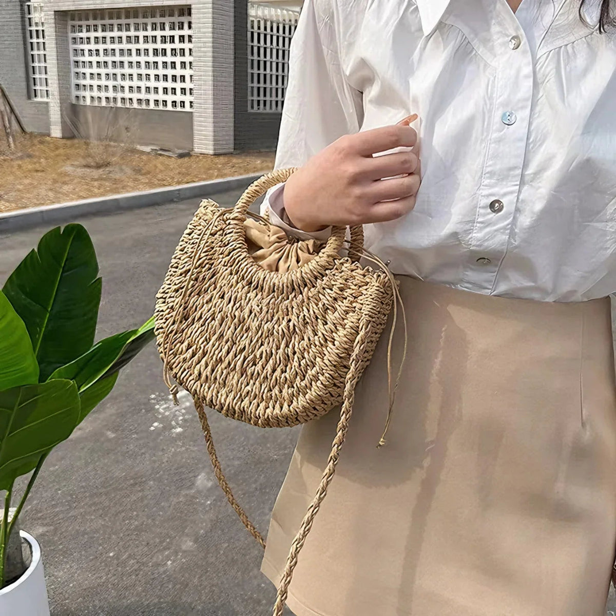 Bolso Mujer Tejido Vintage con Asa Redonda – Estilo Natural Elegante