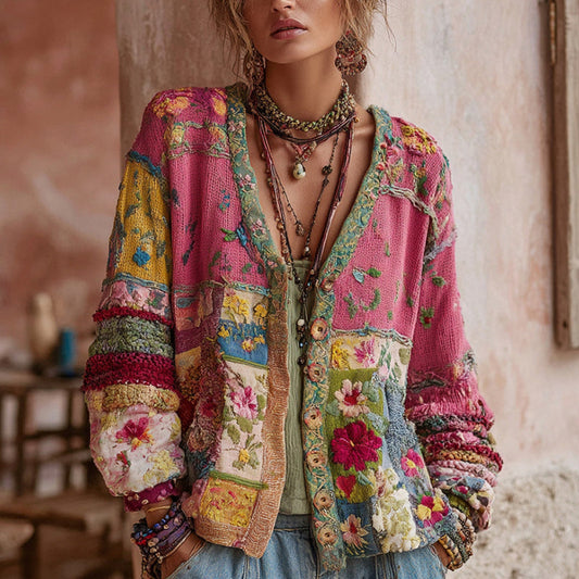 Cárdigan Mujer Patchwork Bohemio – Diseño Floral Bordado con Estilo Vintage