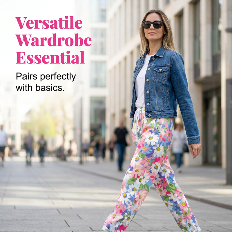 Pantalón floral para mujer con estampado floral y cintura ajustable
