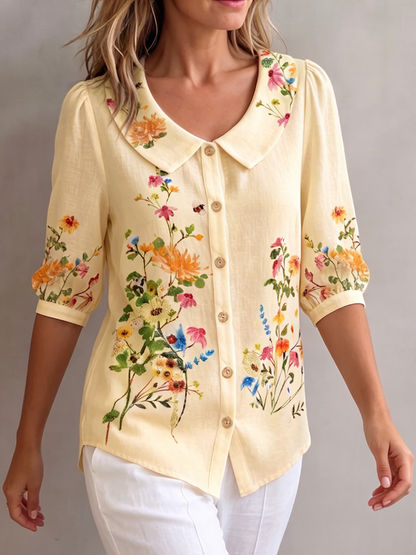 Blusa mujer lino algodón flores vintage cuello Peter Pan