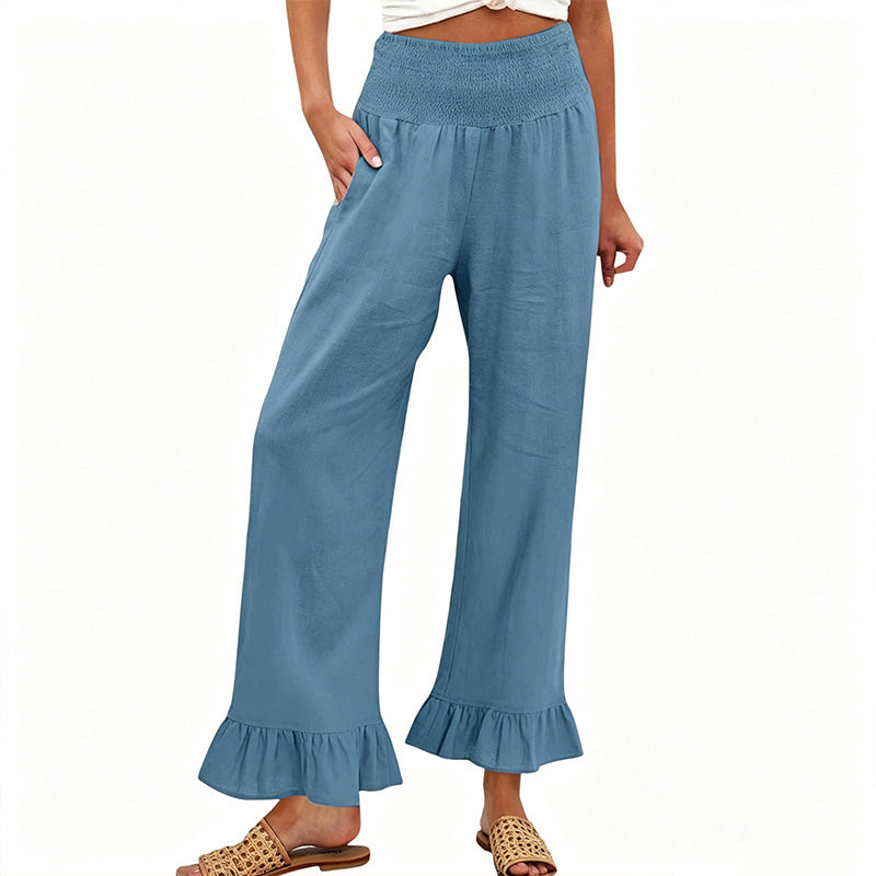 Pantalón mujer algodón lino ancho tiro alto smock volante bajo boho casual