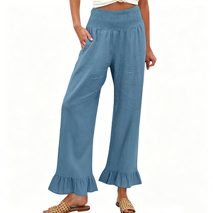 Pantalón mujer algodón lino ancho tiro alto smock volante bajo boho casual