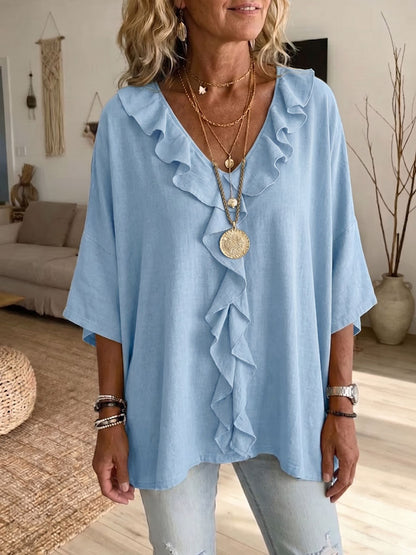 Blusa Mujer Algodón y Lino con Volantes – Corte Suelto y Escote en V