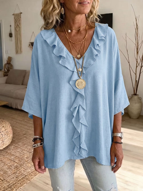 Blusa Mujer Algodón y Lino con Volantes – Corte Suelto y Escote en V