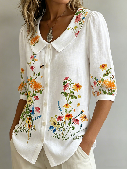 Blusa mujer lino algodón flores vintage cuello Peter Pan