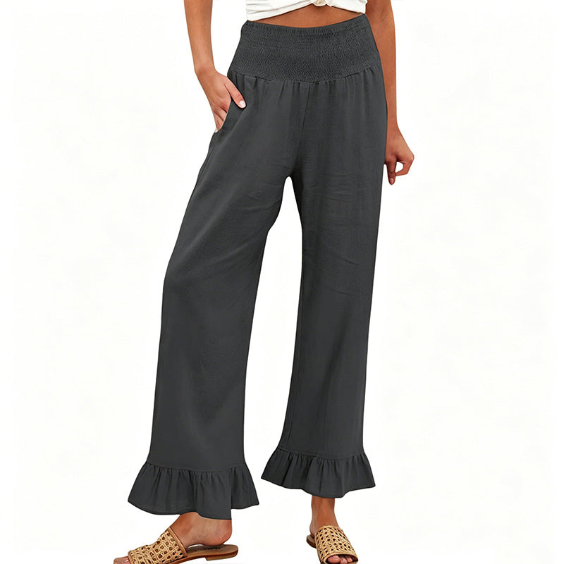 Pantalón mujer algodón lino ancho tiro alto smock volante bajo boho casual