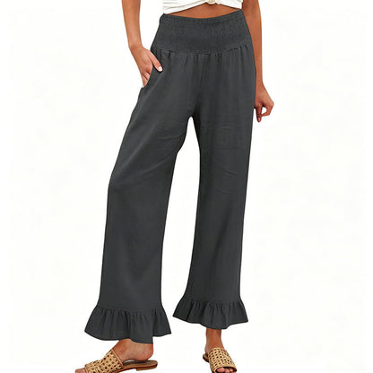 Pantalón mujer algodón lino ancho tiro alto smock volante bajo boho casual