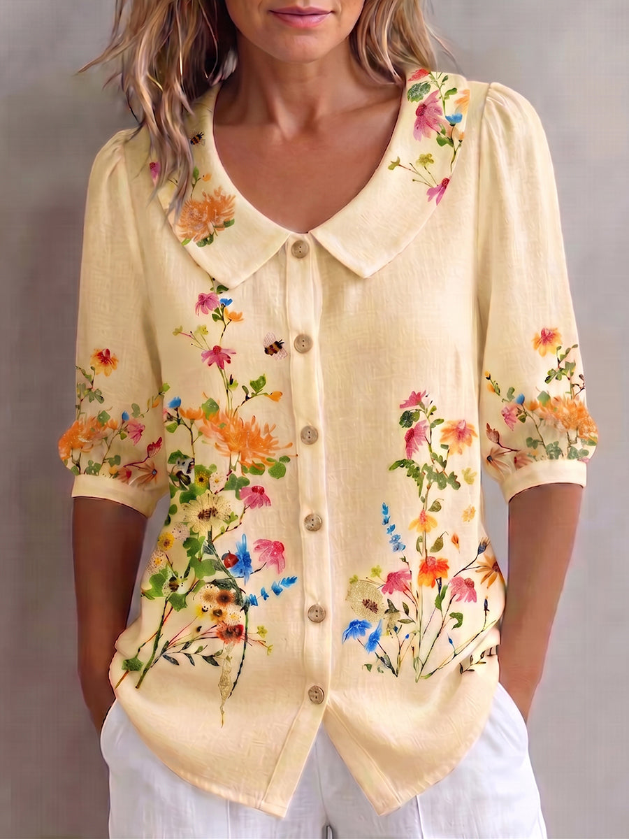 Blusa mujer lino algodón flores vintage cuello Peter Pan