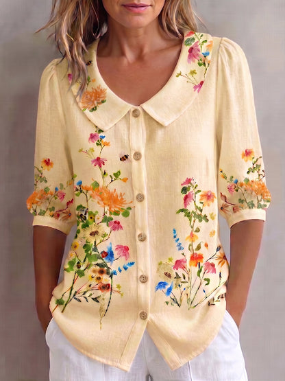 Blusa mujer lino algodón flores vintage cuello Peter Pan