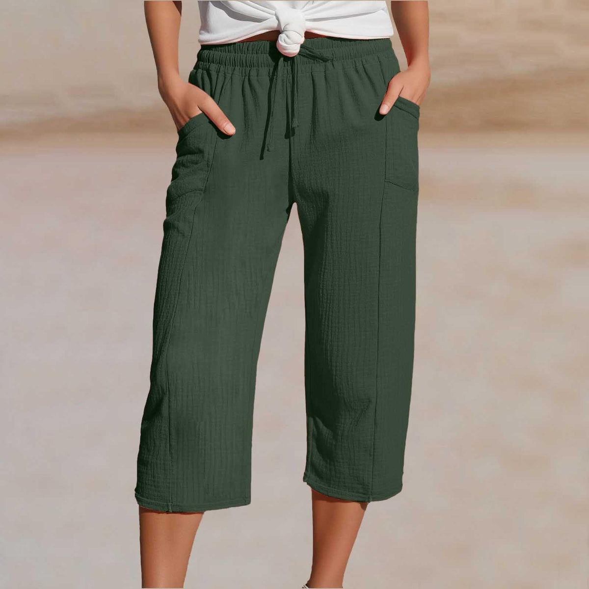 Pantalón cropped mujer de algodón y lino con cintura ajustable