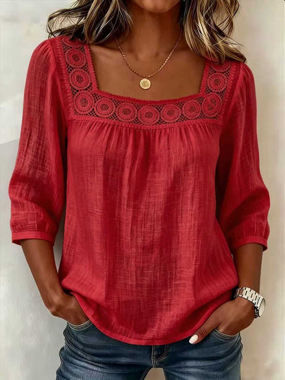 Blusa mujer de algodón y lino con encaje elegante