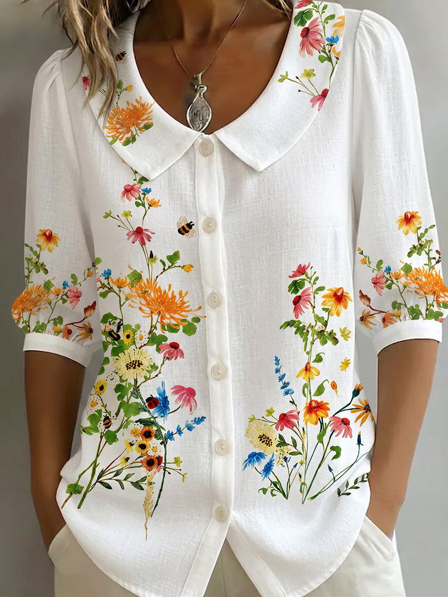 Blusa mujer lino algodón flores vintage cuello Peter Pan