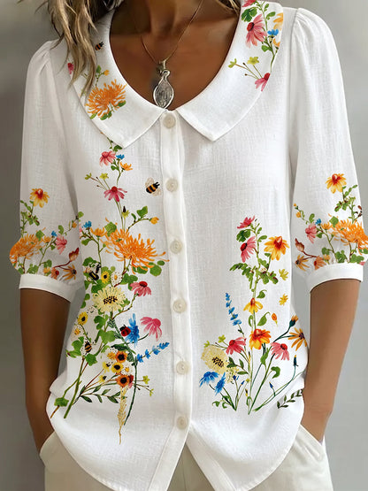 Blusa mujer lino algodón flores vintage cuello Peter Pan