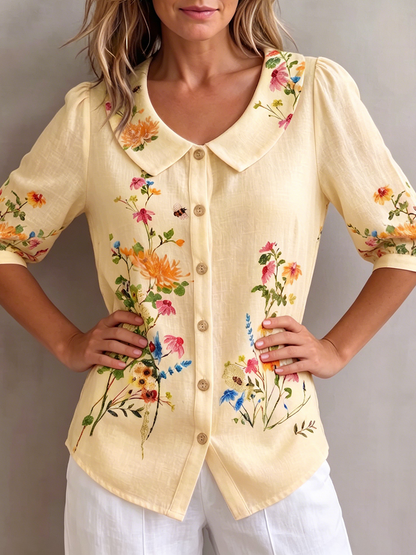 Blusa mujer lino algodón flores vintage cuello Peter Pan