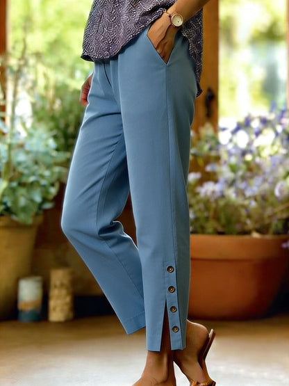 Pantalones Mujer Algodón y Lino – Corte Suelto con Botones Laterales