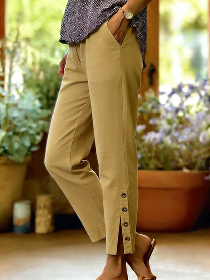 Pantalones Mujer Algodón y Lino – Corte Suelto con Botones Laterales