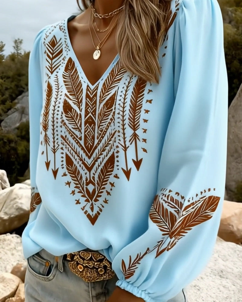 Blusa bohemia para mujer con escote en V y estampado étnico