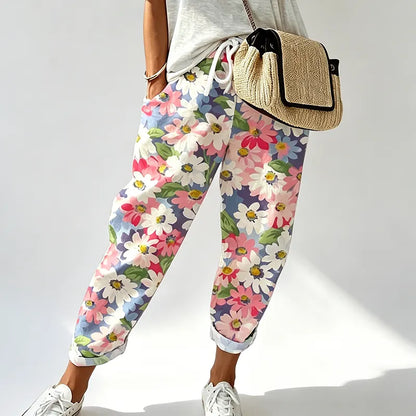 Pantalón floral para mujer con estampado floral y cintura ajustable