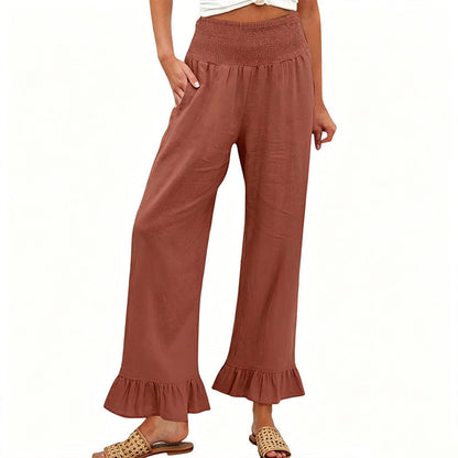 Pantalón mujer algodón lino ancho tiro alto smock volante bajo boho casual