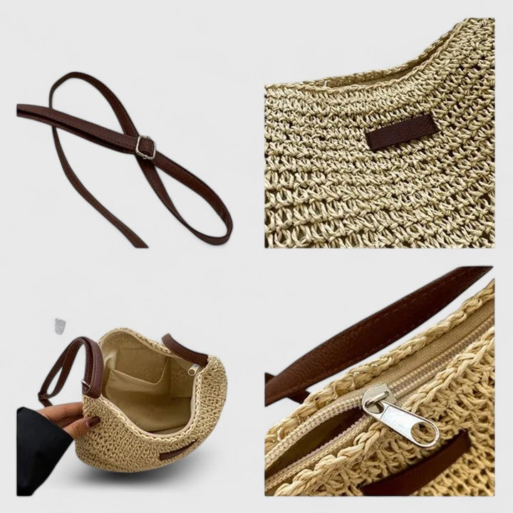 Bolso bandolera mujer rafia trenzada media luna cuero boho natural