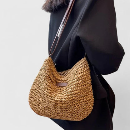 Bolso bandolera mujer rafia trenzada media luna cuero boho natural