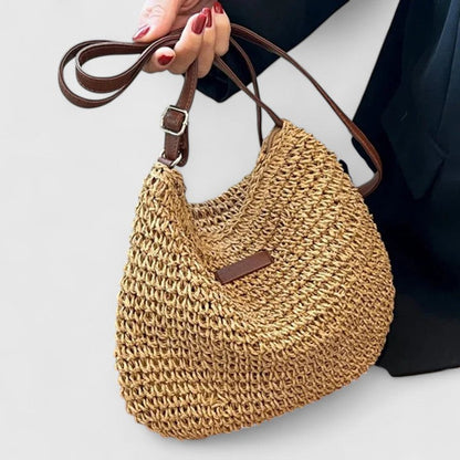 Bolso bandolera mujer rafia trenzada media luna cuero boho natural