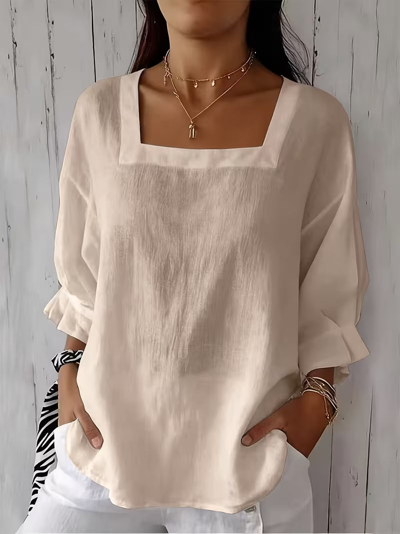 Blusa mujer de cuello cuadrado con mangas largas fluidas elegante