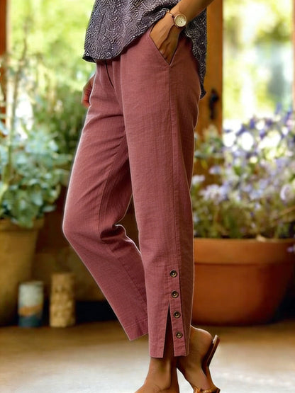 Pantalones Mujer Algodón y Lino – Corte Suelto con Botones Laterales