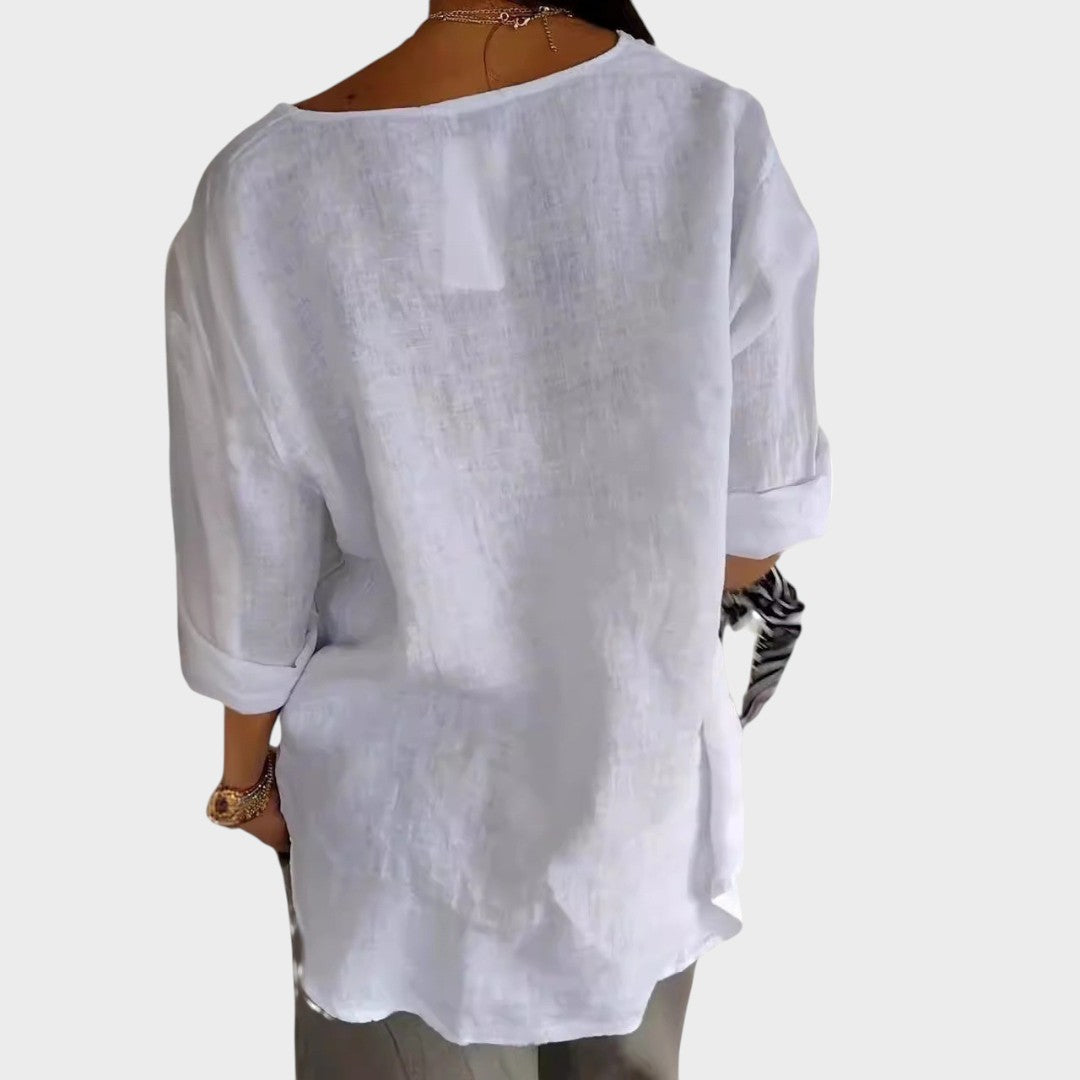 Blusa Mujer De Lino Con Escote En V – Camisa Casual Elegante