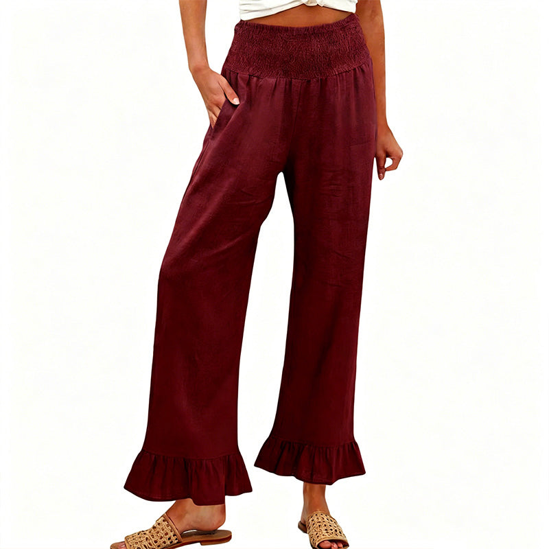 Pantalón mujer algodón lino ancho tiro alto smock volante bajo boho casual