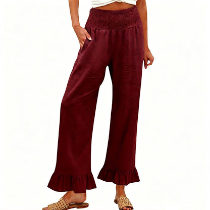 Pantalón mujer algodón lino ancho tiro alto smock volante bajo boho casual