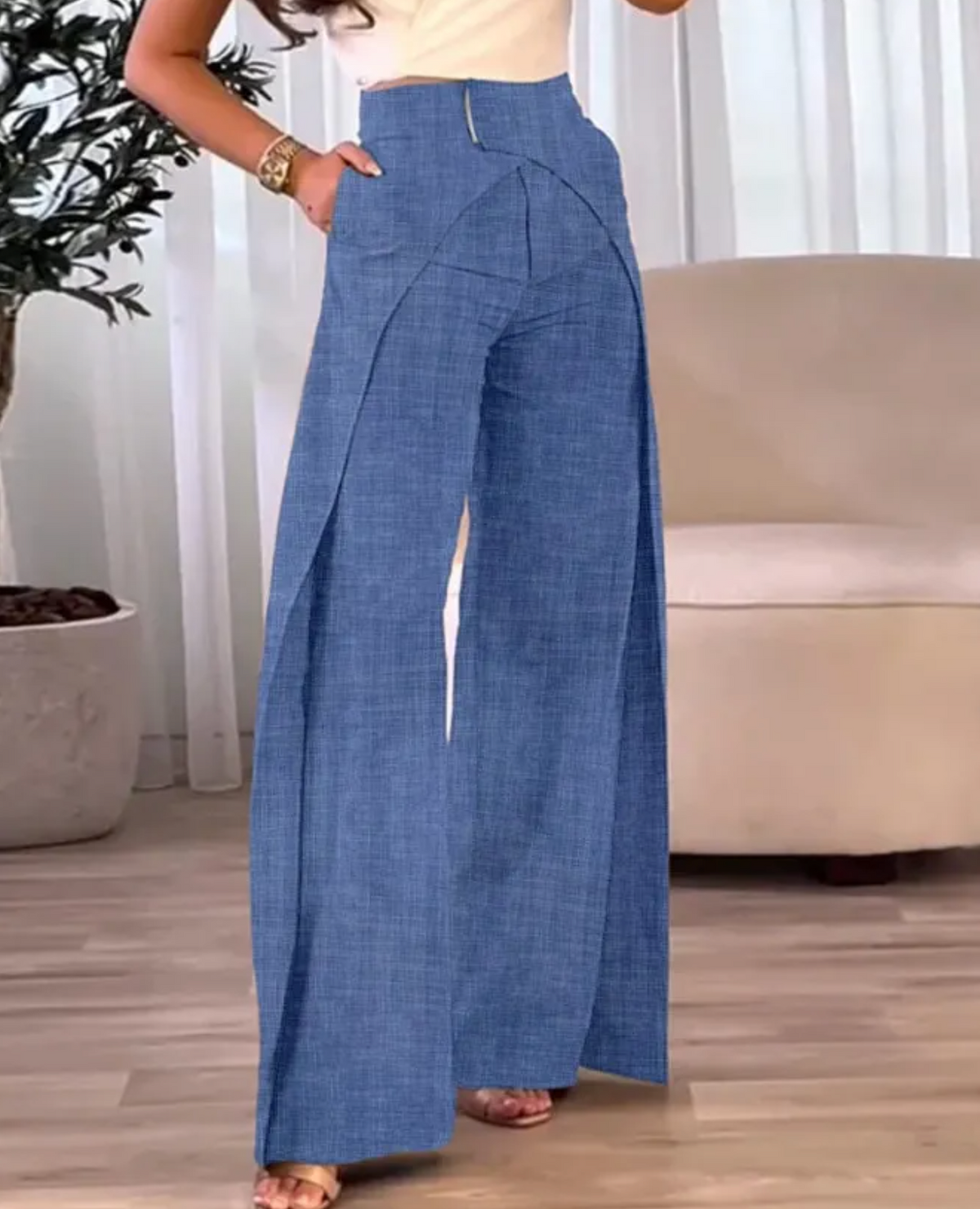 Pantalón Mujer Talle Alto – Corte Fluido con Abertura Elegante