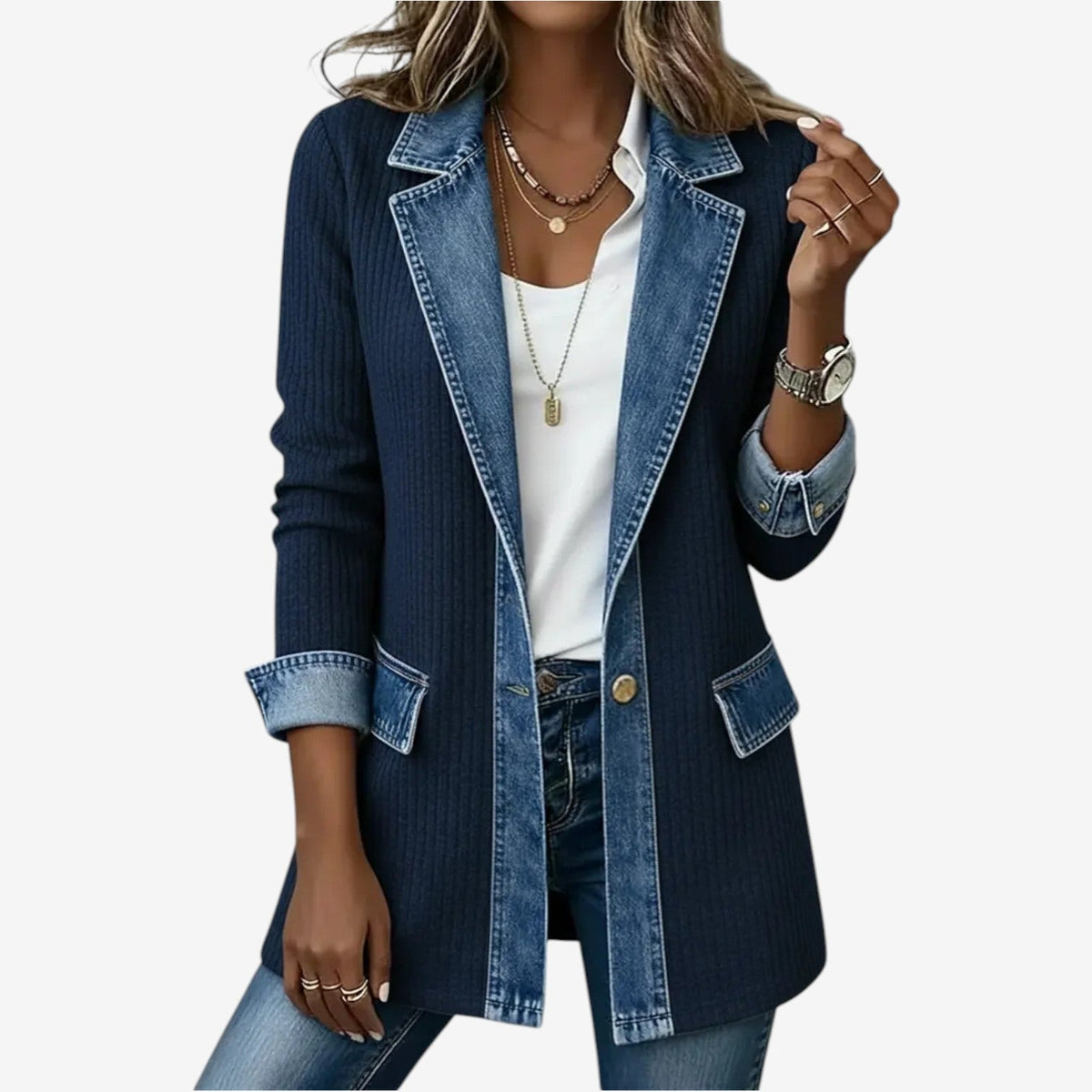 Chaqueta mujer punto y mezclilla – chaqueta casual estilo moderno elegante
