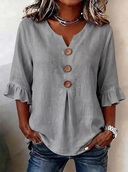 Camisa Mujer Cuello V Botones – Estilo Fluido y Cómodo