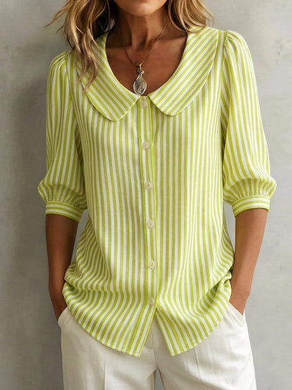 Blusa mujer rayas verticales cuello redondo botones manga 3/4 abullonada elegante