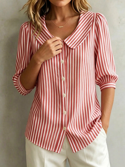 Blusa mujer rayas verticales cuello redondo botones manga 3/4 abullonada elegante