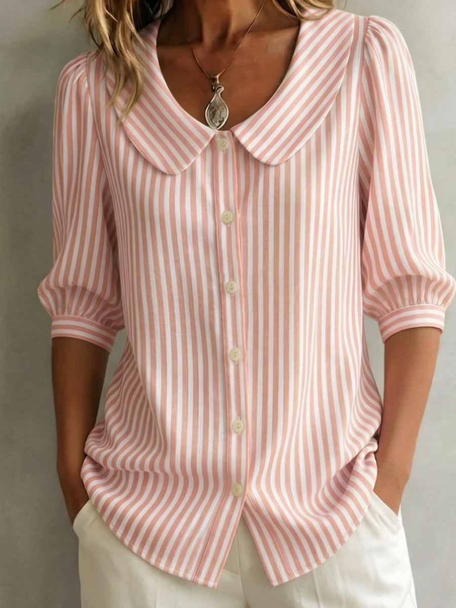 Blusa mujer rayas verticales cuello redondo botones manga 3/4 abullonada elegante