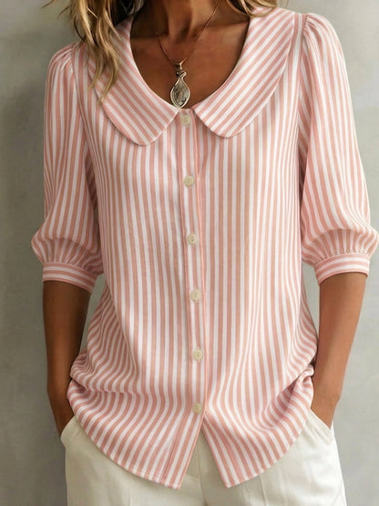 Blusa mujer rayas verticales cuello redondo botones manga 3/4 abullonada elegante